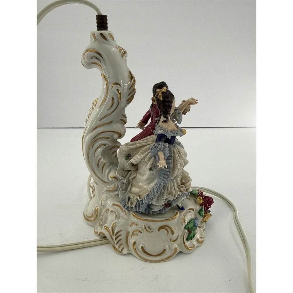 Pair VTG Unterweissbach Germany Porcelain Lace Courting Couple Lamps AS IS